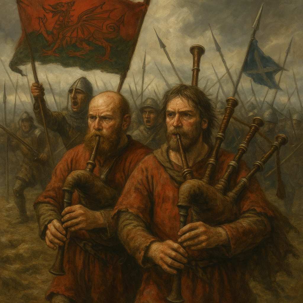 gaiteros galeses en la batalla de Bannockburn (1314) (recreación IA)