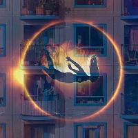 Mujer cae al vacio al fondo se ve un bloque de pisos