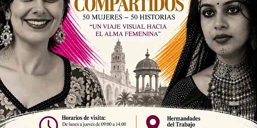 Cartel cuadrado de la exposición fotográfica «Rostros Compartidos: 50 Mujeres · 50 Historias», que reúne retratos de mujeres de España y la India.