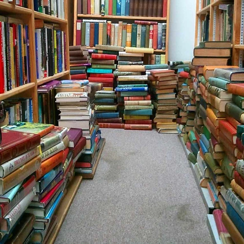 Multiples bloques libros por el suelo y estanterias