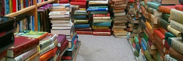 Multiples bloques libros por el suelo y estanterias